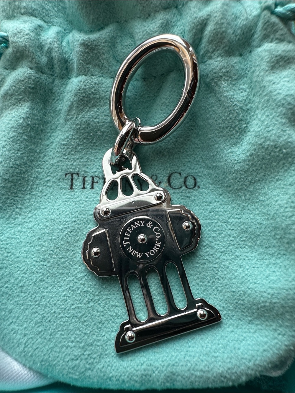 Tiffany & Co. Silver Metal Fire Hydrant Key Fob with Pouch + Box